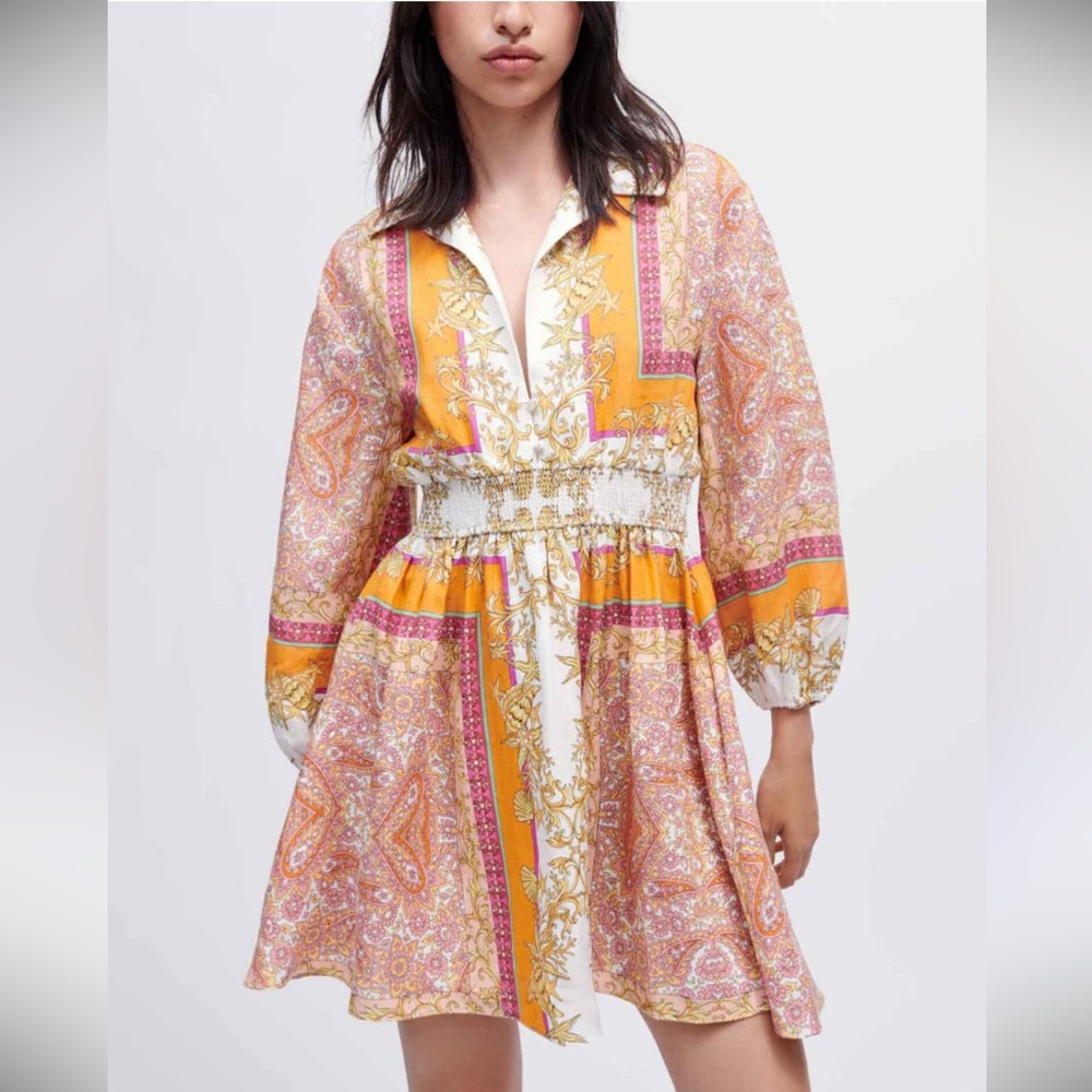 Maje Roquila Linen Shirt Dress Scarf Shell Print Foulard Coquillage Pink Large